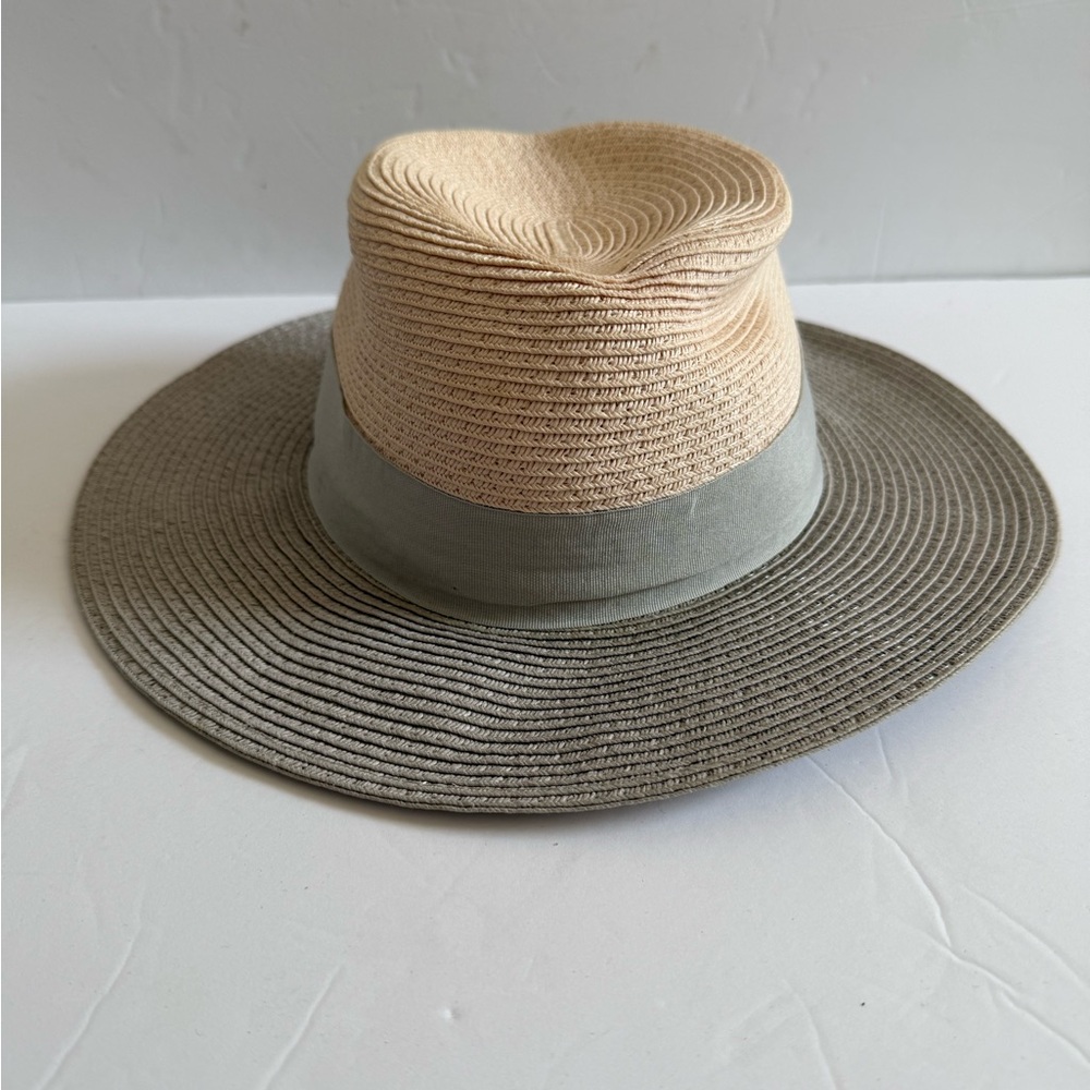 Beautiful Two-Tone Beige and Gray Straw Fedora Hat Women
